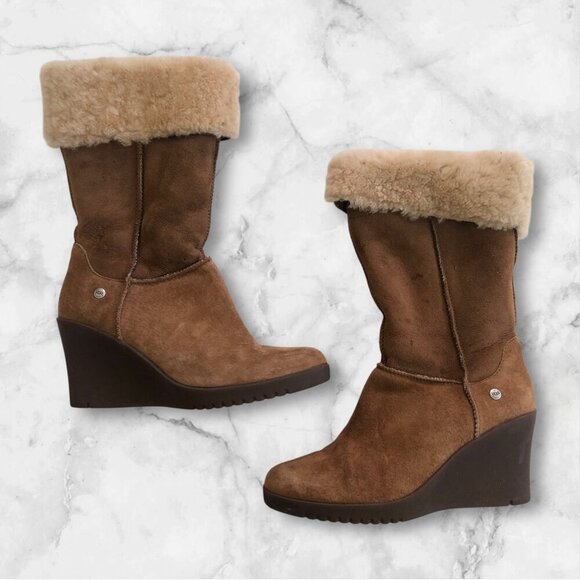 UGG Joslyn Tan Suede Sheepskin Lined Mid Calf 12" Tall Wedge Boot 8M - Picture 1 of 15